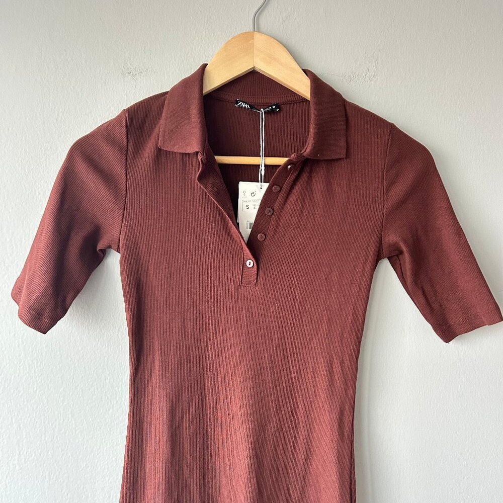 Zara Ribbed Polo Midi Dress Burgundy Brown Size S NWT - Picture 3 of 7